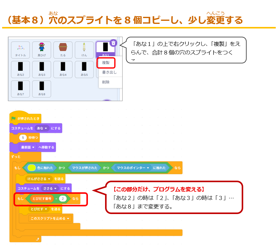 （基本８）穴のスプライトを8個コピーし、少し変更する